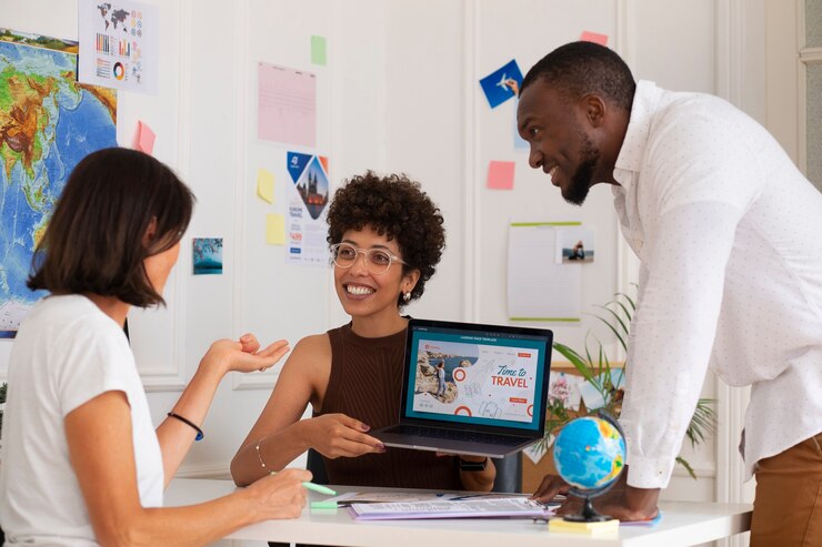 Medium shot people in  travel agency office