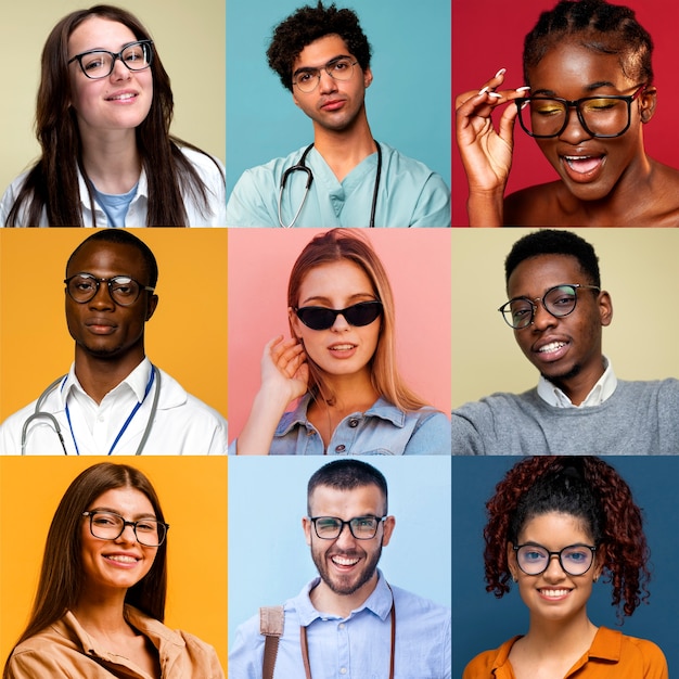 Free photo medium shot people with glasses posing in studio