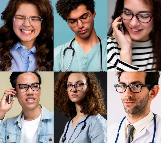 Medium shot people with glasses posing in studio