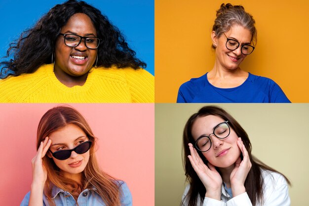 Medium shot people with glasses posing in studio