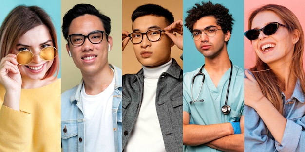 Medium shot people with glasses posing in studio