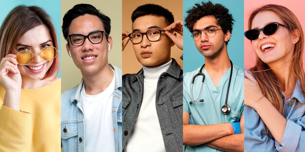 Medium shot people with glasses posing in studio