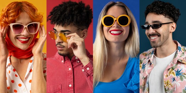 Medium shot people with glasses posing in studio