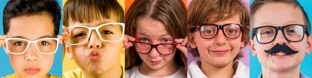 Medium shot people with glasses posing in studio