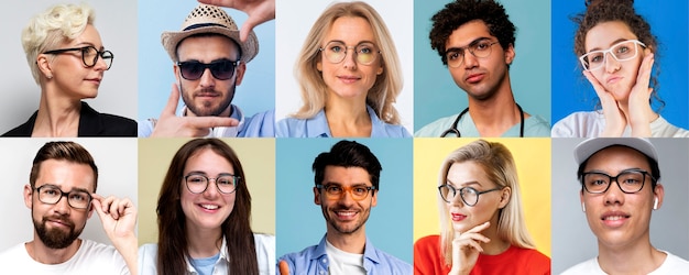 Medium shot people with glasses posing in studio