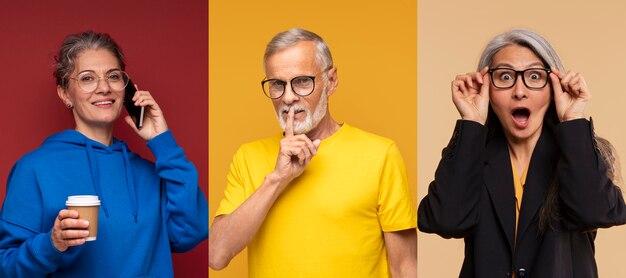 Medium shot people with glasses posing in studio