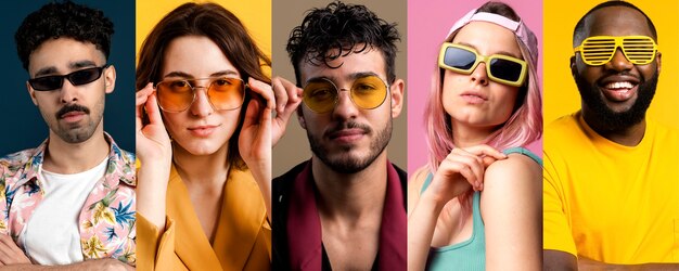 Medium shot people with glasses posing in studio