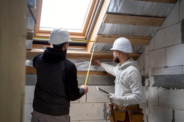 Medium shot people working with helmets