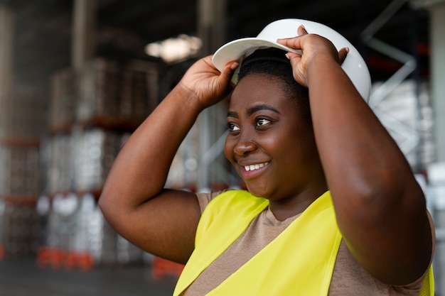 Free photo medium shot plus-size woman working in construction