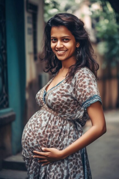 Medium shot pregnant woman posing outdoors