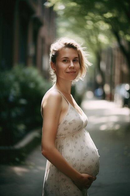 Medium shot pregnant woman posing outdoors