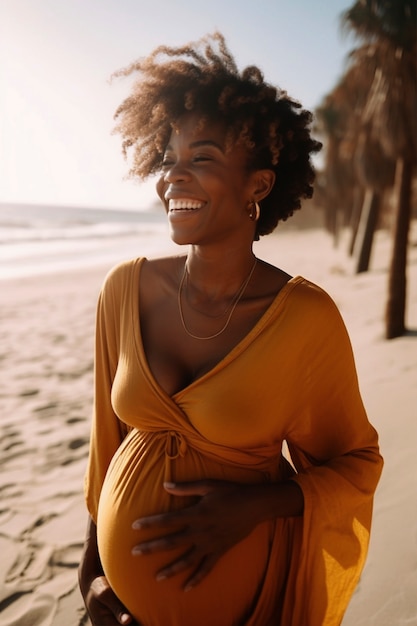 Medium shot pregnant woman posing outside