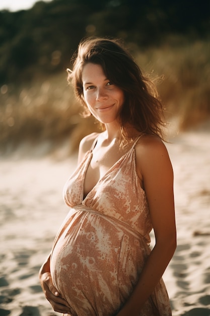 Medium shot pregnant woman posing outside