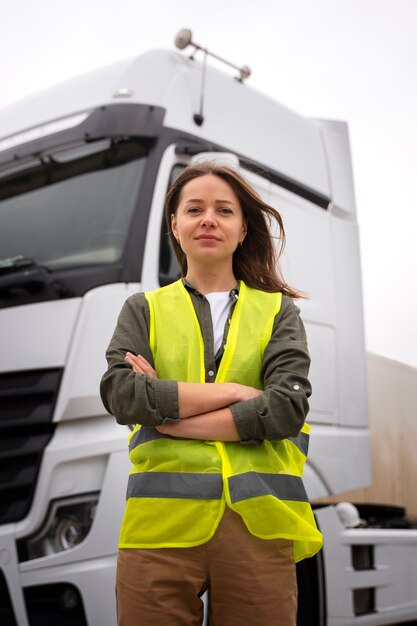 medium shot professional female driver outdoors
