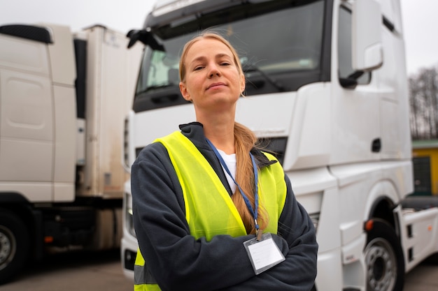 medium shot professional female driver outdoors