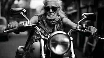 Free photo medium shot rebellious granny on motorcycle