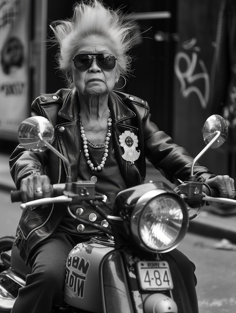 Free photo medium shot rebellious granny on motorcycle