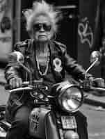 Free photo medium shot rebellious granny on motorcycle