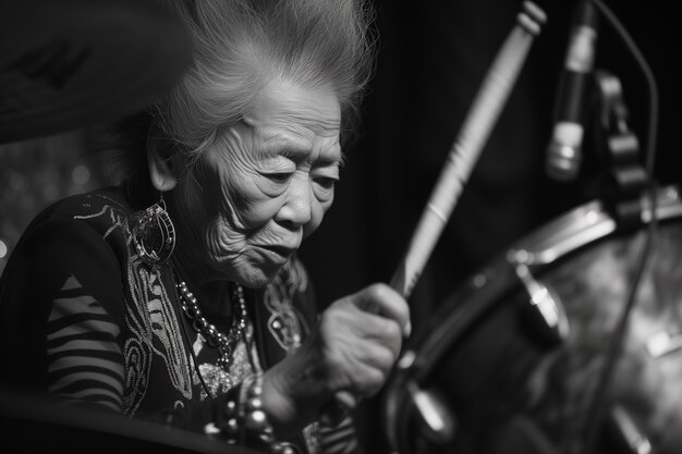 Средний выстрел мятежная бабушка играет на барабанах