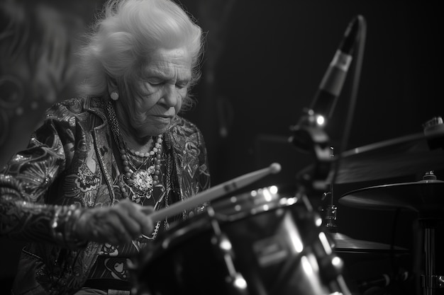 Free photo medium shot rebellious granny playing the drums