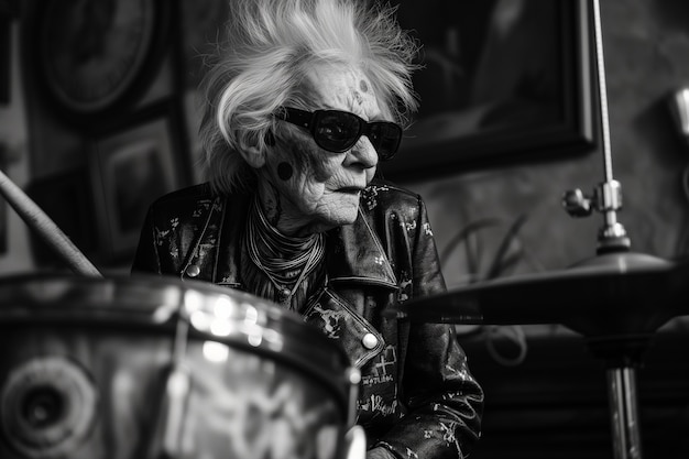 Free photo medium shot rebellious granny playing the drums