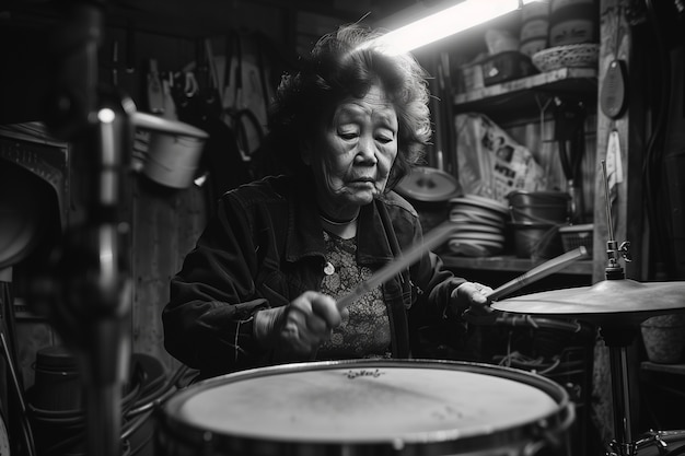 Medium shot rebellious granny playing the drums