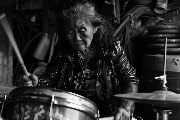 Free photo medium shot rebellious granny playing the drums