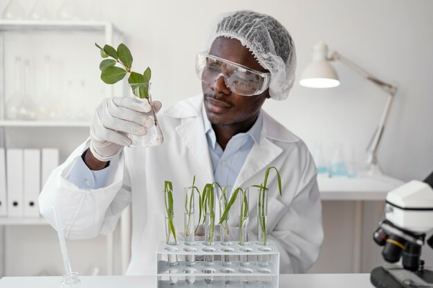 Medium shot researcher holding plant