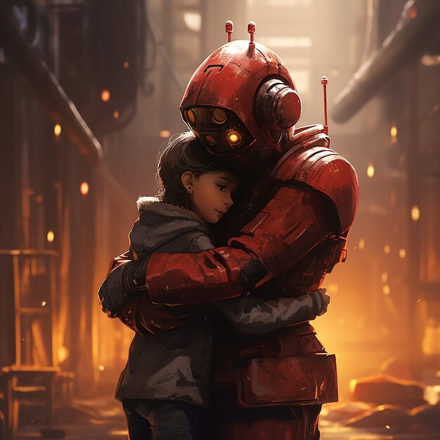 Medium shot robot and kid hugging