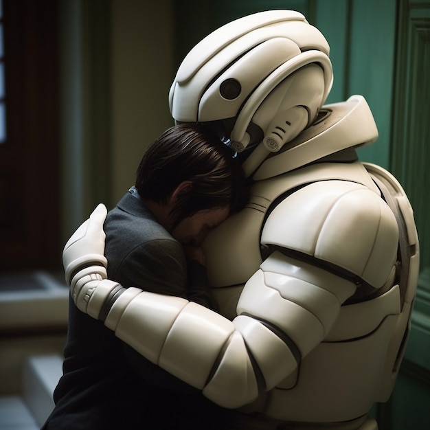 Free photo medium shot robot and woman hugging