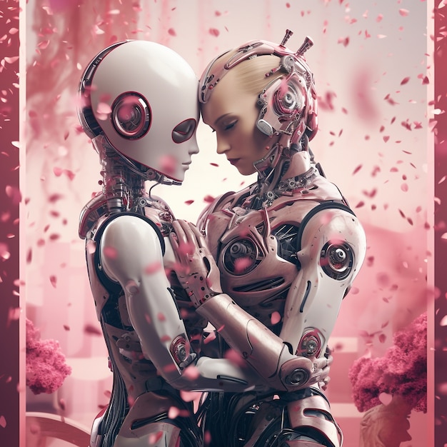 Free photo medium shot robot and woman hugging