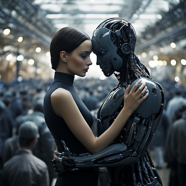 Free photo medium shot robot and woman hugging