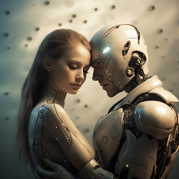 Free photo medium shot robot and woman hugging