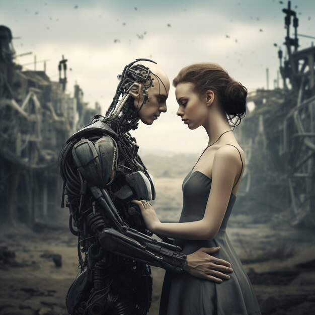 중간 샷 로봇과 포옹하는 여자