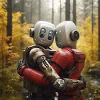 Бесплатное фото Роботы среднего плана, обнимающие фантастический мир