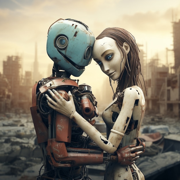 Medium shot robots hugging fantasy world