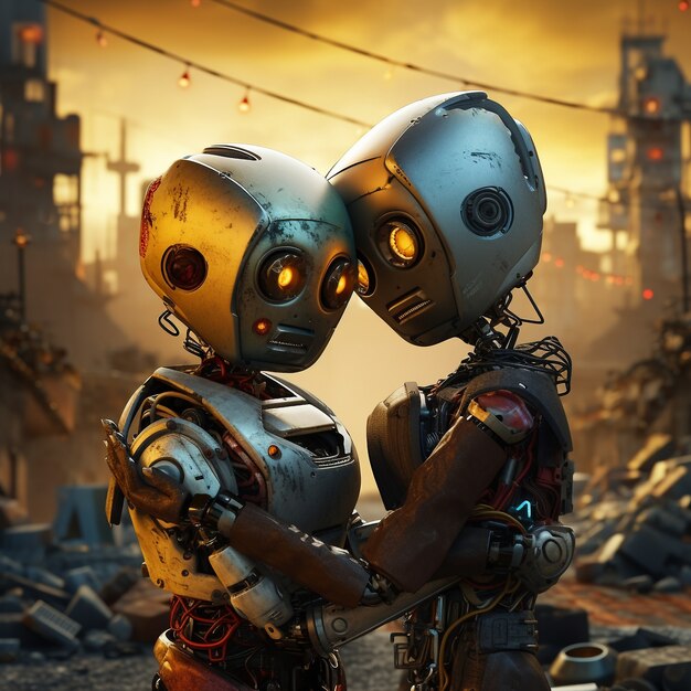 Medium shot robots hugging fantasy world