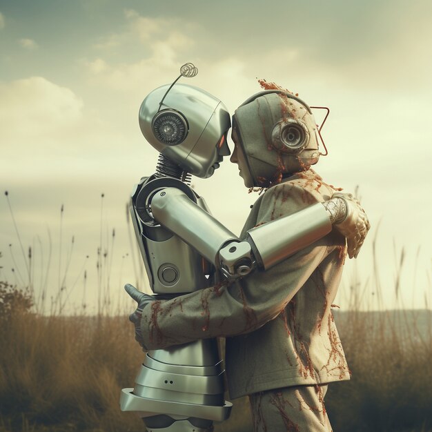 Medium shot robots hugging fantasy world