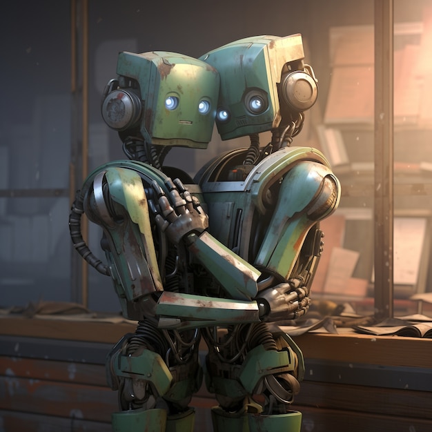 Medium shot robots hugging fantasy world