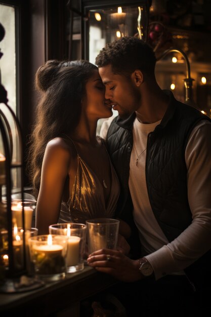 Medium shot romantic couple kissing