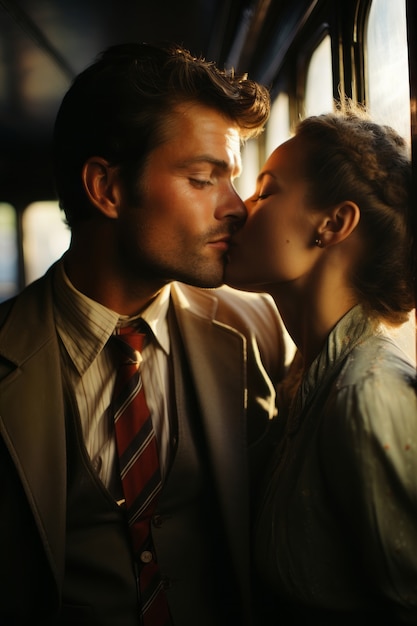 Medium shot romantic couple kissing