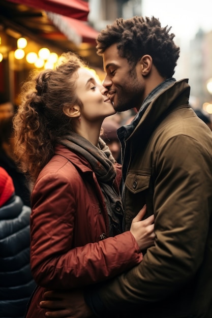 Medium shot romantic couple kissing