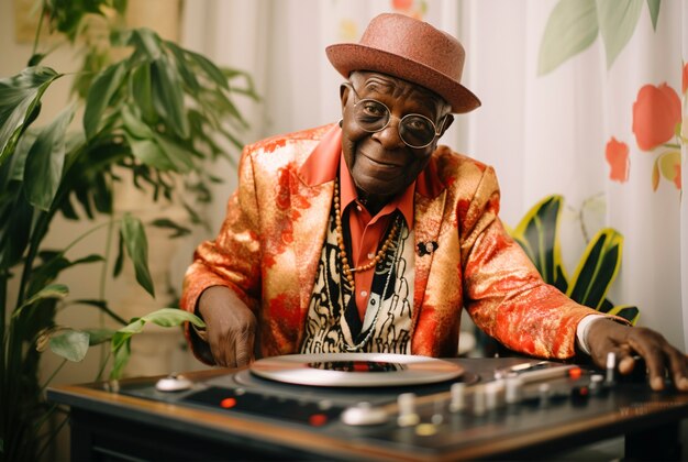 DJをしているミディアムショットの年配の男性