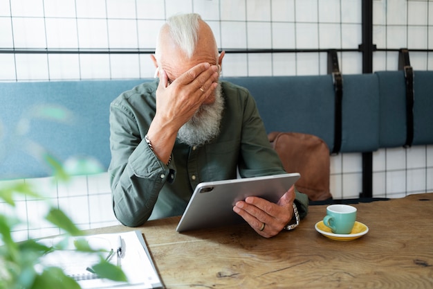 medium shot senior man holding tablet