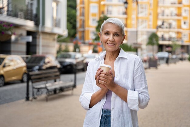 Medium shot senior woman holding coffee cup