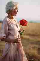 Free photo medium shot senior woman posing with rose