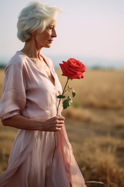 Пожилая женщина среднего размера позирует с розой