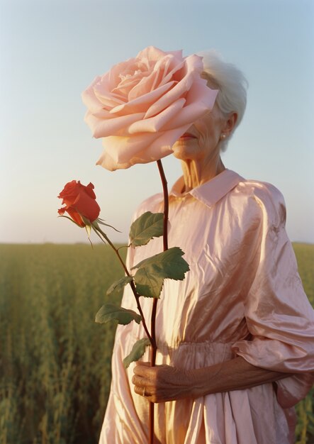 Пожилая женщина среднего размера позирует с розой