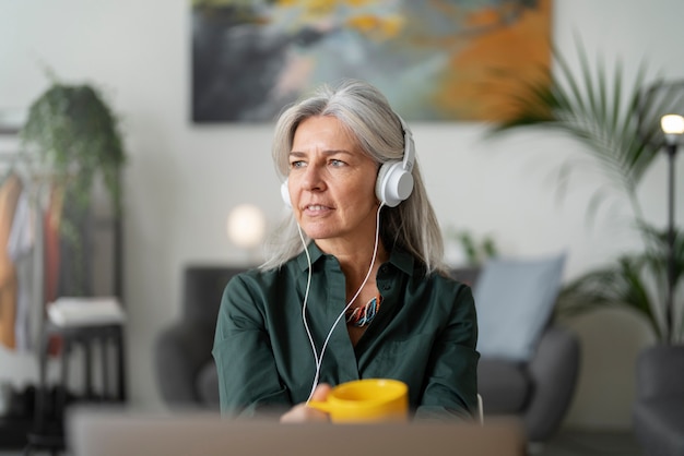 Medium shot senior woman with headphones