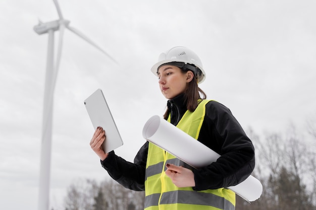 Medium shot smiley engineer holding tablet